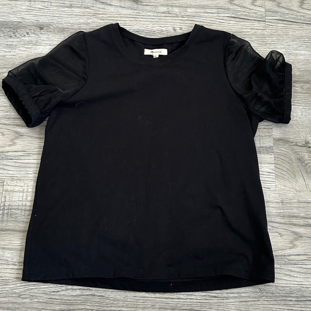 Madewell Black Short Sleeve Shirt with Sheer Sleeves Sz S